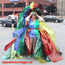 This colourful dress was made of coloured  celophane (Photo by equalmarriage.ca, 2003)