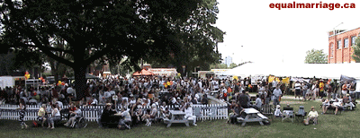 The fairgrounds where participants gathered at the end of the London Pride parade (Photo by equalmarriage.ca, 2003)
