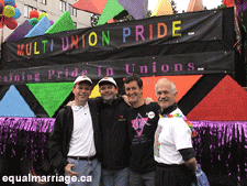 Kevin Bourassa, Joe Varnell, MP Svend Robinson, and  Jack Layton, candidate for the NDP leadership.  CLICK TO ENLARGE (Photo by equalmarriage.ca, 2002)