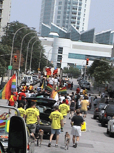 The Windsor Casino forms the backdrop for the Windsor Pride Parade.  CLICK TO ENLARGE (Photo by equalmarriage.ca, 2002)