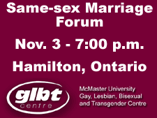 Same-sex marriage forum at Mcmaster University on November 3 at 7 p.m.